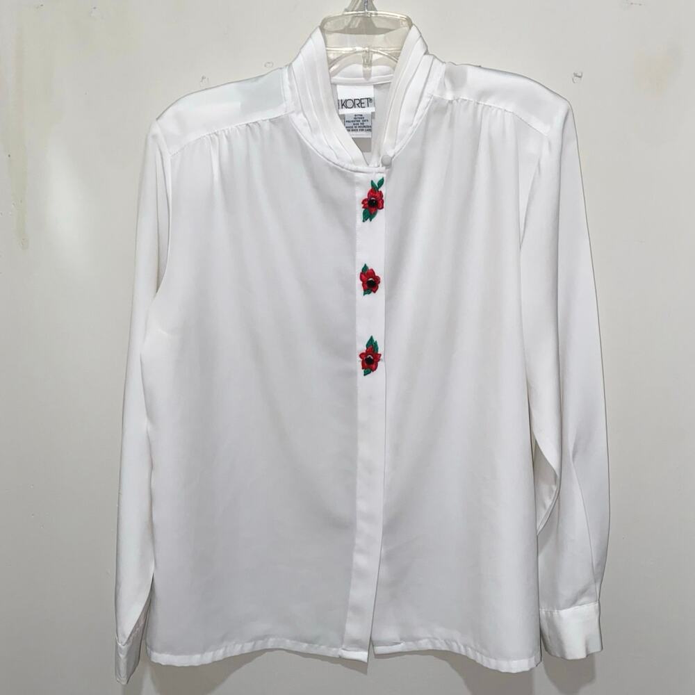 Vintage KORET White Blouse Size 10 Floral Embroidery Pleated Collar